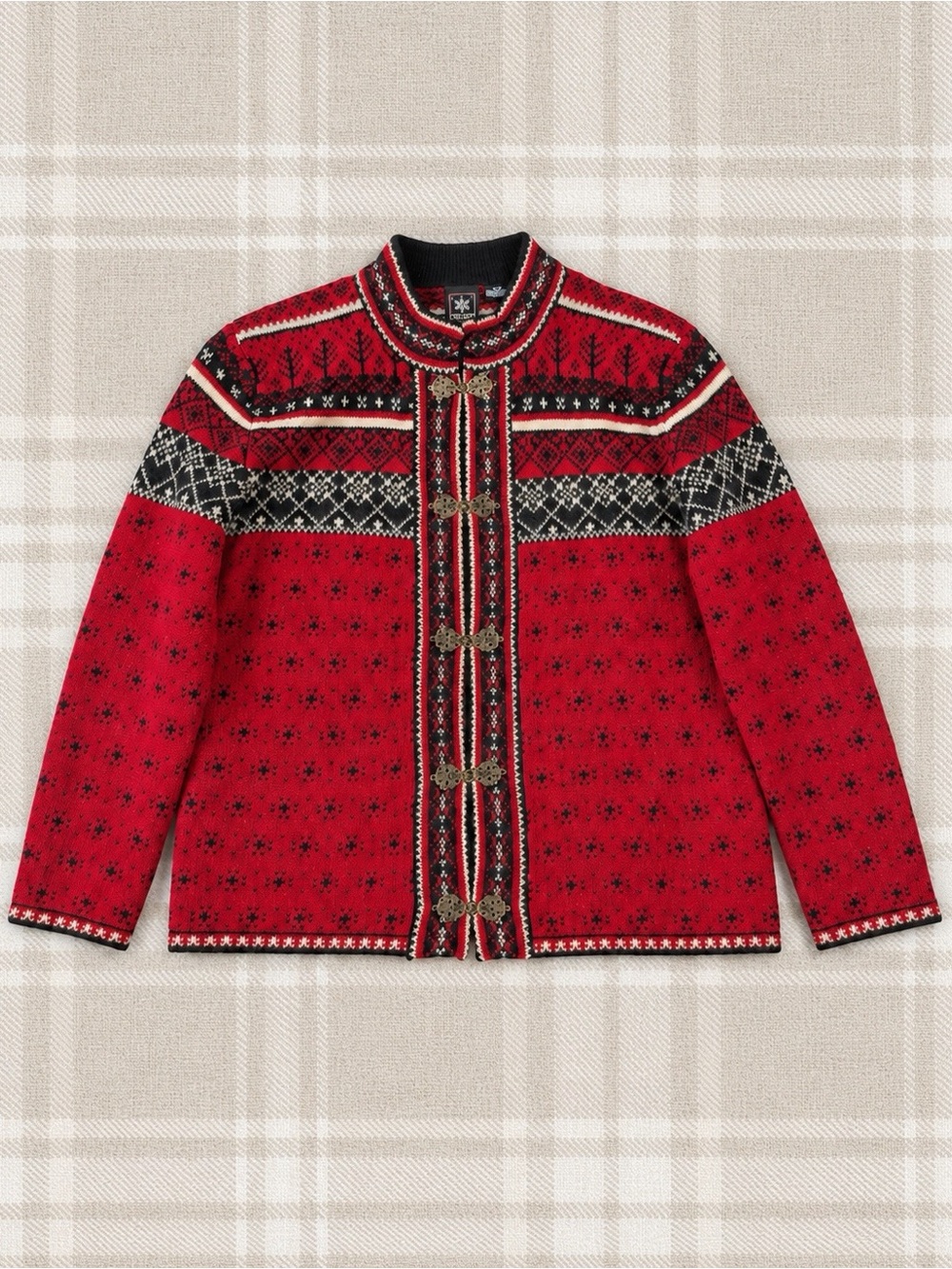 VTG Skyr Woman Red Wool Fair Isle Fisherman Nordic Knit Cardigan Sweater SMALL
